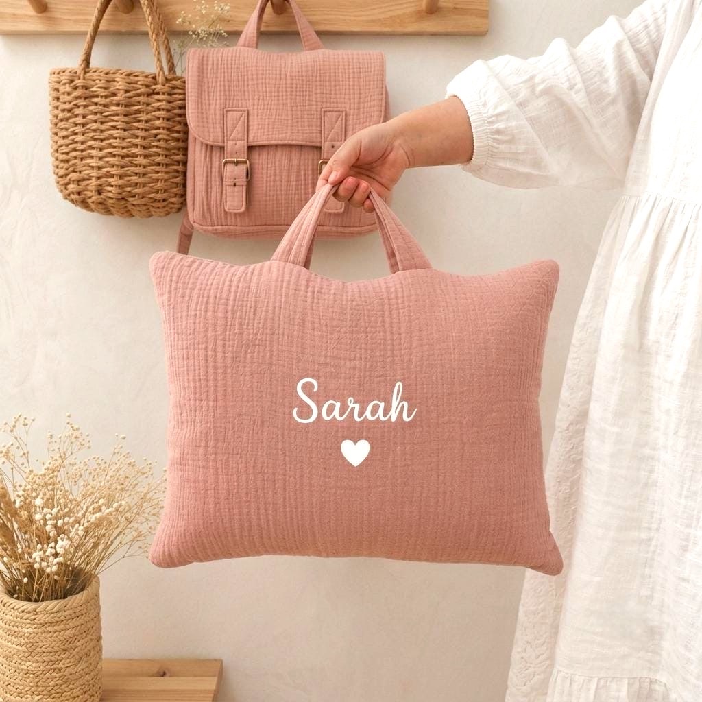 coussin avec poignée en double gaze rose avec prénom pour la sieste à l'école ou à la creche